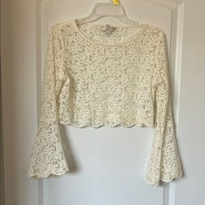 LC Lauren Conrad Cropped Cream Lace Bell Sleeve Blouse with scalloped hem.